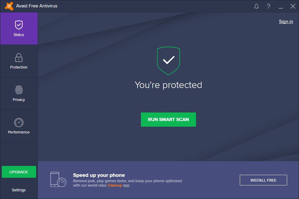 Avast Free Antivirus – ekran główny
