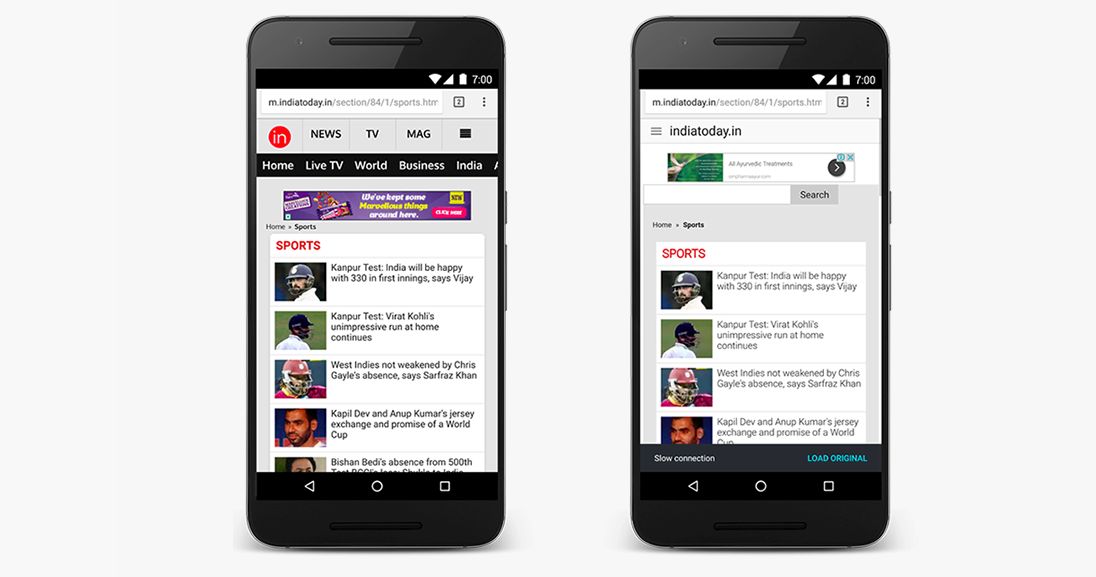 Przed i po uruchomieniu trybu oszczędzania danych