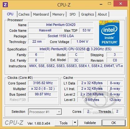 Intel Pentium G3258 procesor specyfikacja CPU-Z