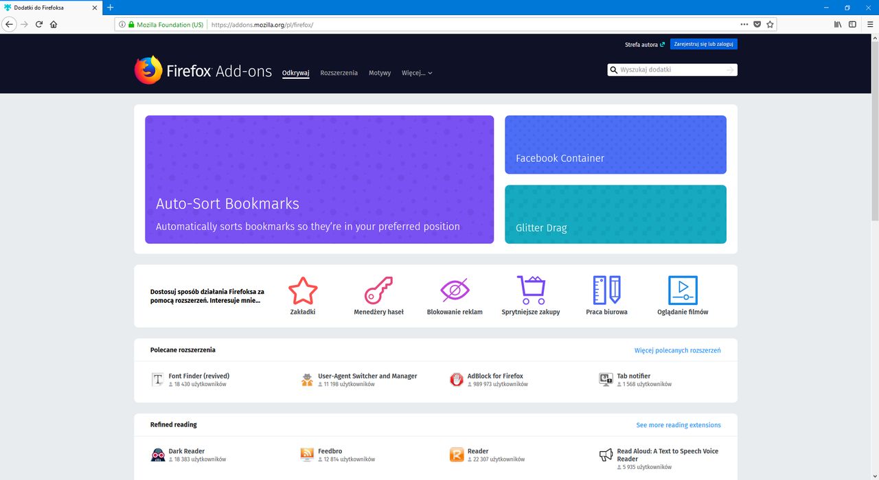 Firefox Add-ons, oficjalne źródło z dodatkami do przeglądarki.