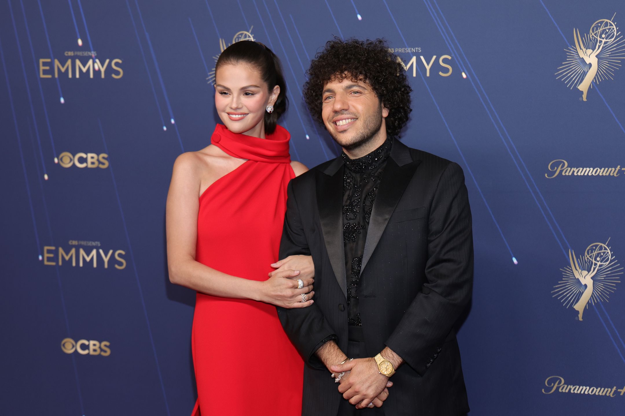LOS ANGELES, CALIFORNIA - SEPTEMBER 14: (L-R) Selena Gomez and Benny Blanco attend the 77th Primetime Emmy Awards at Peacock Theater on September 14, 2025 in Los Angeles, California. (Photo by Maya Dehlin Spach/WireImage)