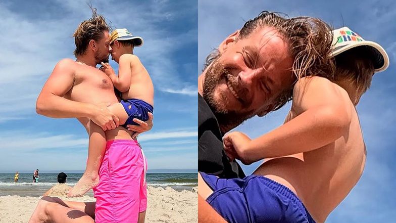 Sebastian Fabijański z synem na plaży