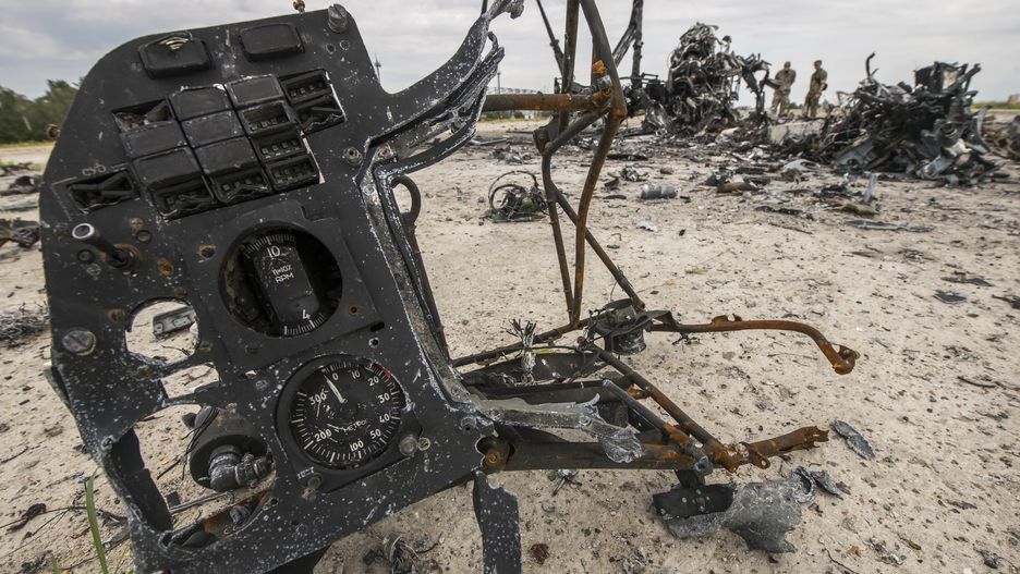 Fragments of the Russian Military Ka-52 &quot;Alligator&quot; Helicopter Destroyed by Ukrainian Servicemen  during Russia's invasion of Ukraine at the Gostomel airfield near Kyiv, Ukraine. July 08, 2022 (Photo by Maxym Marusenko/NurPhoto via Getty Images)