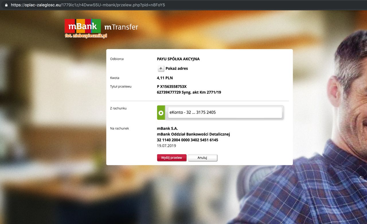 Fałszywa formatka przelewu w podrobionej bankowości internetowej mBanku, źródło: Niebezpiecznik.