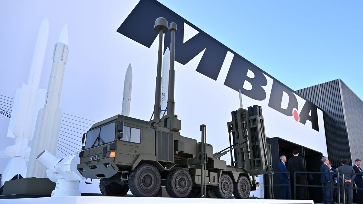 FARNBOROUGH, ENGLAND - JULY 22: EMADS (Enhanced Modular Air Defence Solutions), CAMM (common anti-air modular missile) are displayed at the MBDA exhibition hall during the Farnborough International Airshow 2024 at Farnborough International Exhibition and Conference Centre on July 22, 2024 in Farnborough, England. Farnborough International Airshow 2024 is host to leading innovators from the aerospace, aviation and defence industries. (Photo by John Keeble/Getty Images)