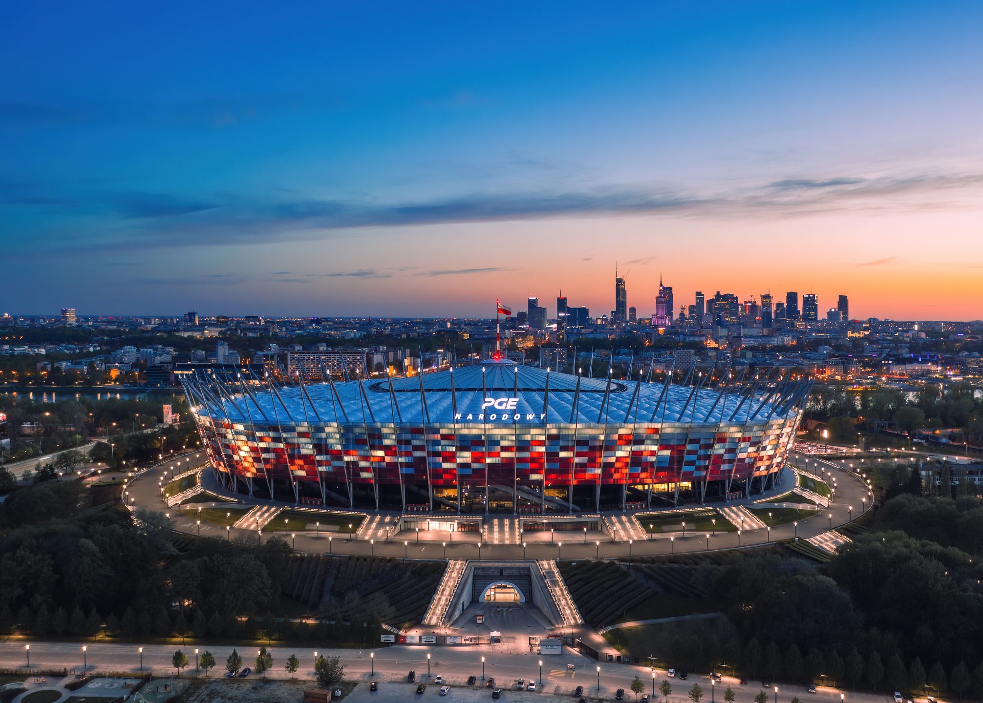 warsaw, stadium, pge narodowy, stadion narodowy, national, skyline, cityscape, panorama, football, narodowy, poland, sunset, aerial, architecture, arena, attraction, city, competition, national stadium, entertainment, euro 2012, europe, facade, game, landmark, landscape, league, match, modern, retractable roof, sky, soccer, sport, stadion, summer, sunny, team, travel, urban, view, evening, dusk