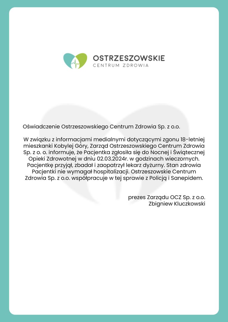 Ostrzeszowskie Centrum Zdrowia wydało oświadczenie ws. śmierci 18-latki