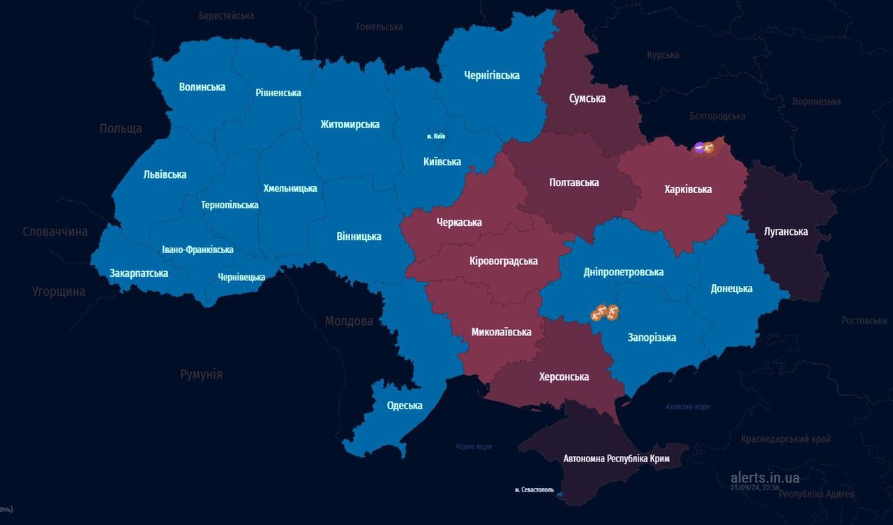 Aktualna mapa alertów przeciwlotniczych w Ukrainie