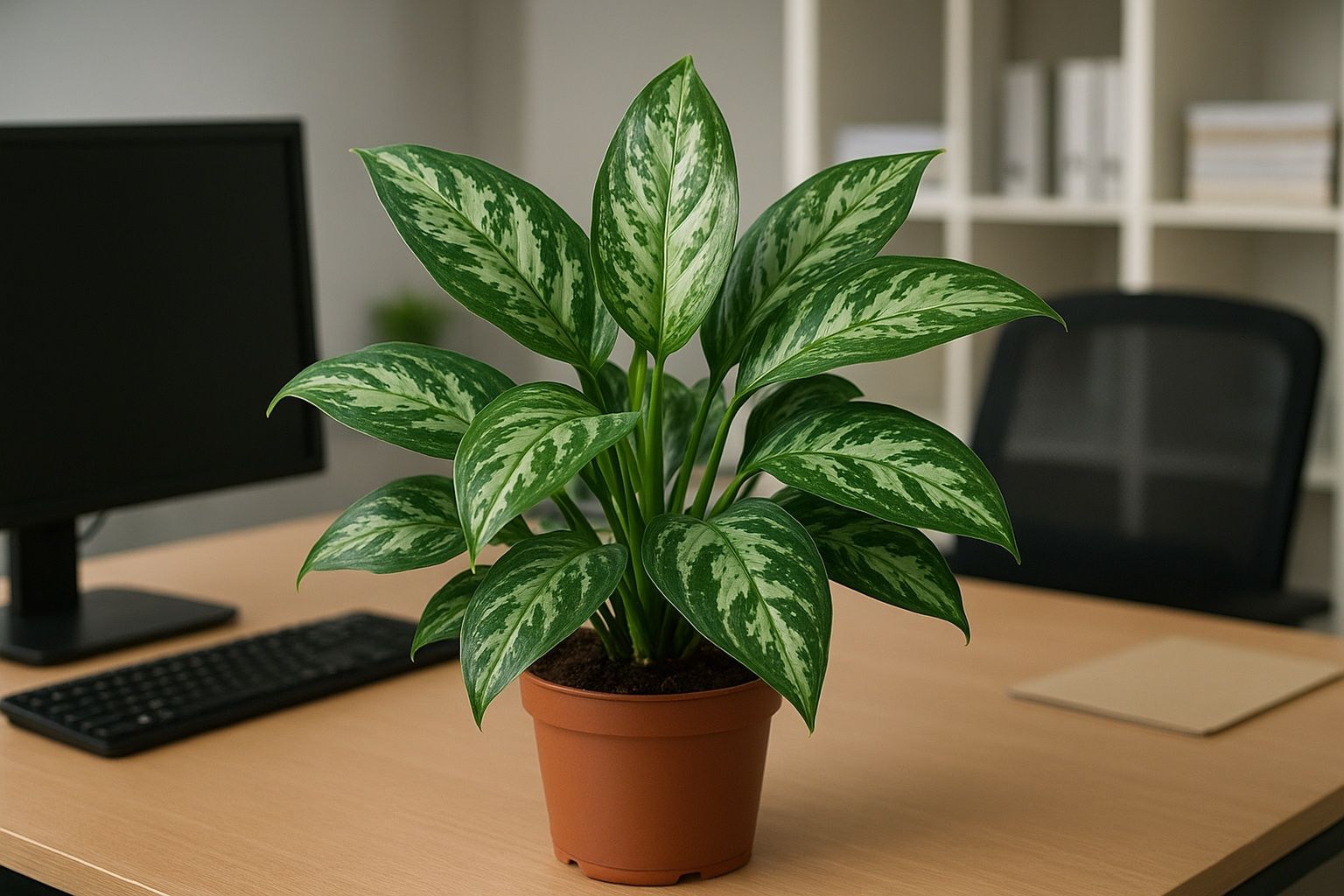 Aglaonema w nowoczesnym biurze – elegancka roślina do cienia w dekoracyjnej doniczce – ilustracja artykułu