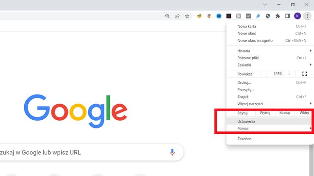 Google Chrome: menu Ustawienia