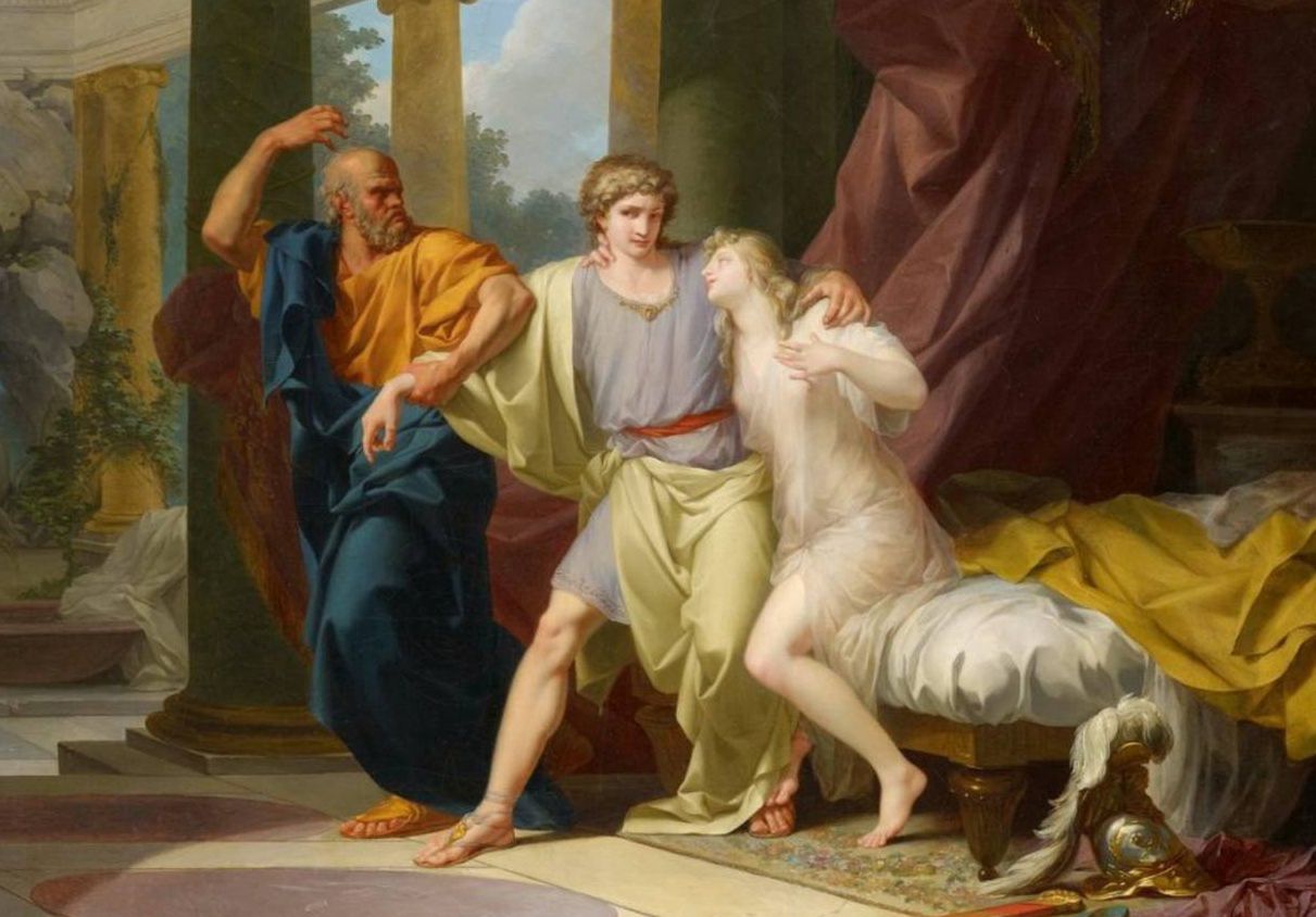 Sokrates wyrywa Alcybiadesa z objęć hetery Aspazji 