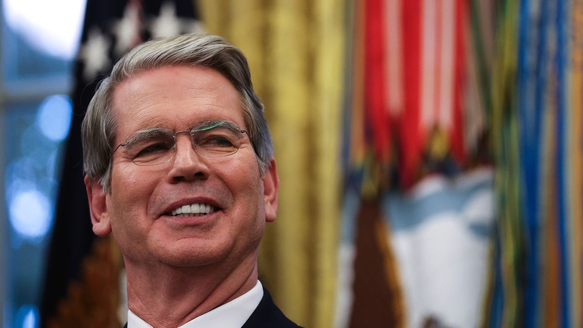 WASHINGTON, DC - AUGUST 06: U.S. Treasury Secretary Scott Bessent looks on during an event with U.S. President Donald Trump and Apple CEO Tim Cook in the Oval Office of the White House on August 6, 2025 in Washington, DC. Apple Inc. announced a $100 billion investment in manufacturing facilities in the U.S., on top of an announcement in February committing over the next four years to a $500 billion investment in the U.S. economy and the addition of 20,000 new jobs. (Photo by Win McNamee/Getty Images)