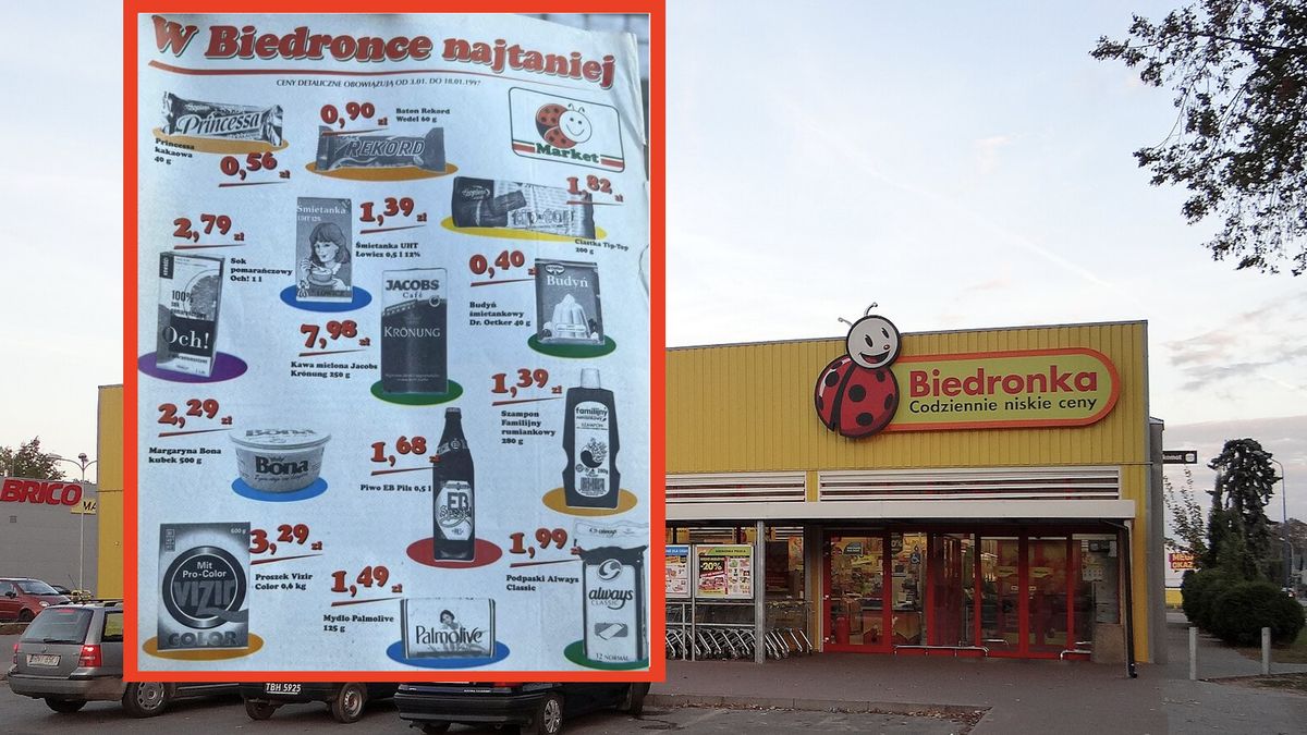 Promocyjna gazetka z Biedronki z 1997 roku. Ceny zadziwiają