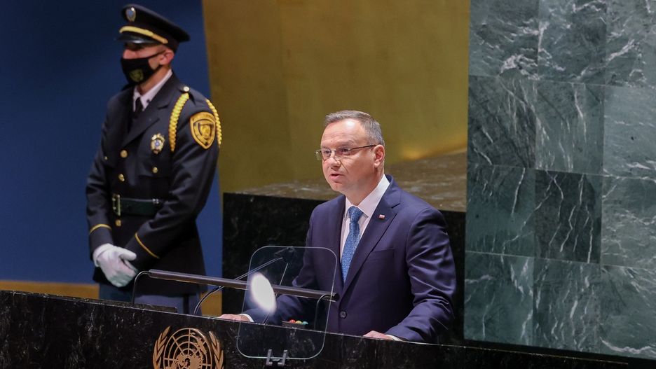 Andrzej DudaNowy Jork, USA, 22.09.2021. Prezydent RP Andrzej Duda podczas wyst�pienia w debacie generalnej 76. sesji Zgromadzenia Og�lnego Organizacji Narod�w Zjednoczonych w Nowym Jorku, 22 bm. Trwa wizyta prezydenta Dudy w Stanach Zjednoczonych. (amb) PAP/Jakub Szymczuk/KPRP 
HANDOUT EDITORIAL USE ONLY NO SALESJakub Szymczuk/KPRP76 76., dyplomacja, onz, polityk, sesja, spotkanie, wizyta, zagraniczna, zgromadzenia og�lnego