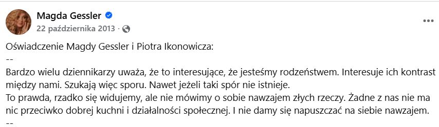 Oświadczenie Magdy Gessler i Piotra Ikonowicza z 2013 roku