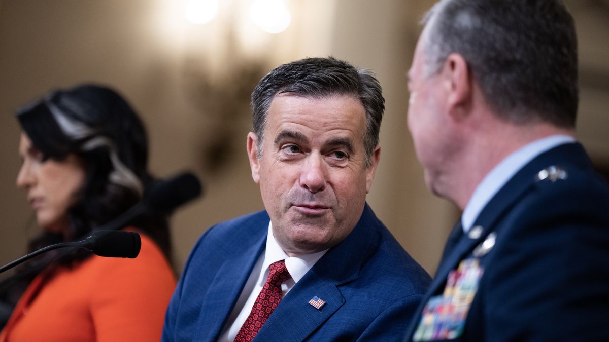 UNITED STATES - MARCH 26: CIA Director John Ratcliffe, center, Tulsi Gabbard, director of National Intelligence, and Lt. Gen. Jeffrey A. Kruse, director of the Defense Intelligence Agency, prepare to testify during the House Select Intelligence Committee hearing titled "Worldwide Threats Assessment," in Longworth building on Wednesday, March 26, 2025. The witnesses fielded questions on the Signal chat, about attacks against Houthis in Yemen, that accidentally included a reporter. (Tom Williams/CQ-Roll Call, Inc via Getty Images)