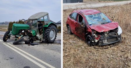 Zderzenie z traktorem. Auto wypadło z jezdni i dachowało na pobliskim polu