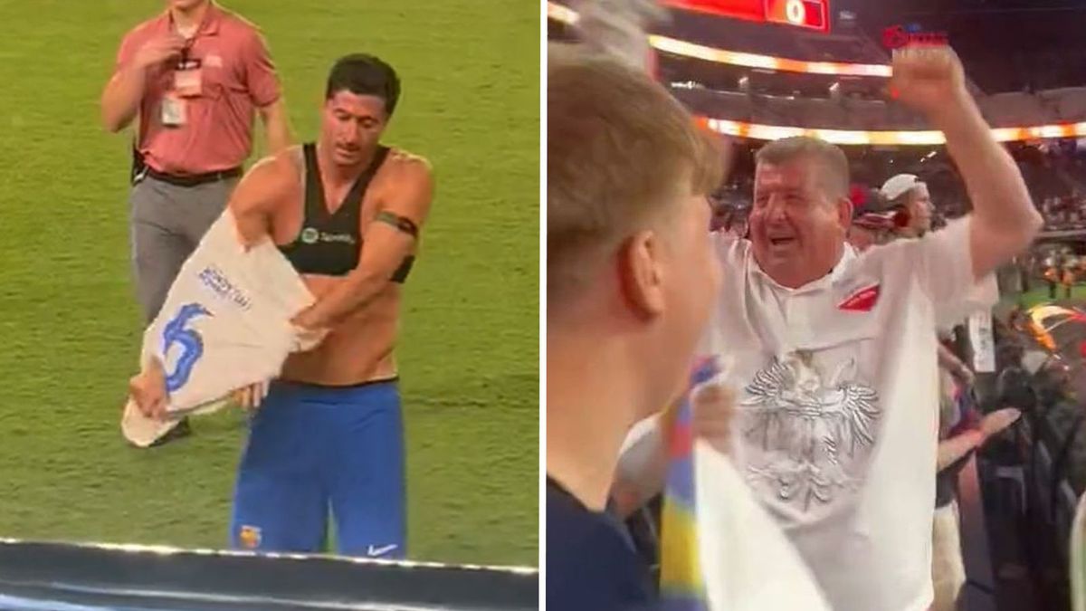 Twitter / claudsmcgods / Na zdjęciu: Robert Lewandowski przekazuje koszulkę polskim kibicom po meczu Barcelony z Milanem w Las Vegas