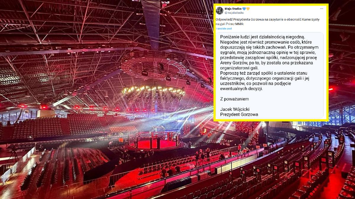 Na zdjęciu hala przed początkiem Prime MMA 7. W ramce wpis Maji Staśko w serwisie X