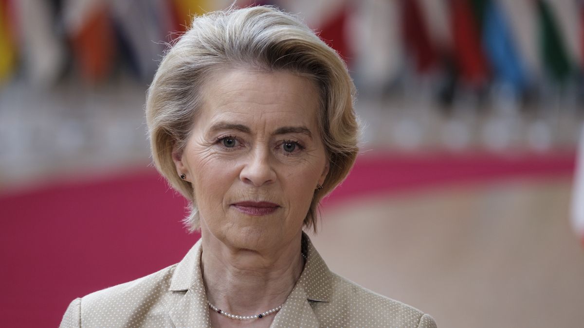 BRUSSELS, BELGIUM - FEBRUARY 12: President of the European Commission Ursula von der Leyen talks to media in the Europa Building, the EU Council headquarter on February 12, 2025 in Brussels, Belgium. Canadian Prime Minister is in Brussels for a one-day visit aimed at deepening trade and defence ties between Canada and Europe.(Photo by Thierry Monasse/Getty Images)