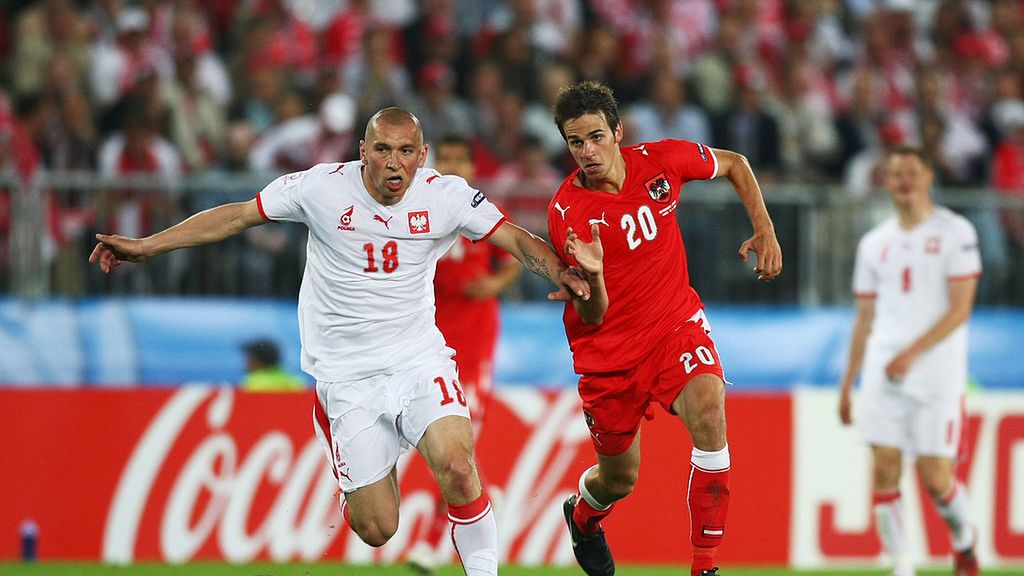 mecz Austria - Polska podczas Euro 2008 (z lewej Mariusz Lewandowski)