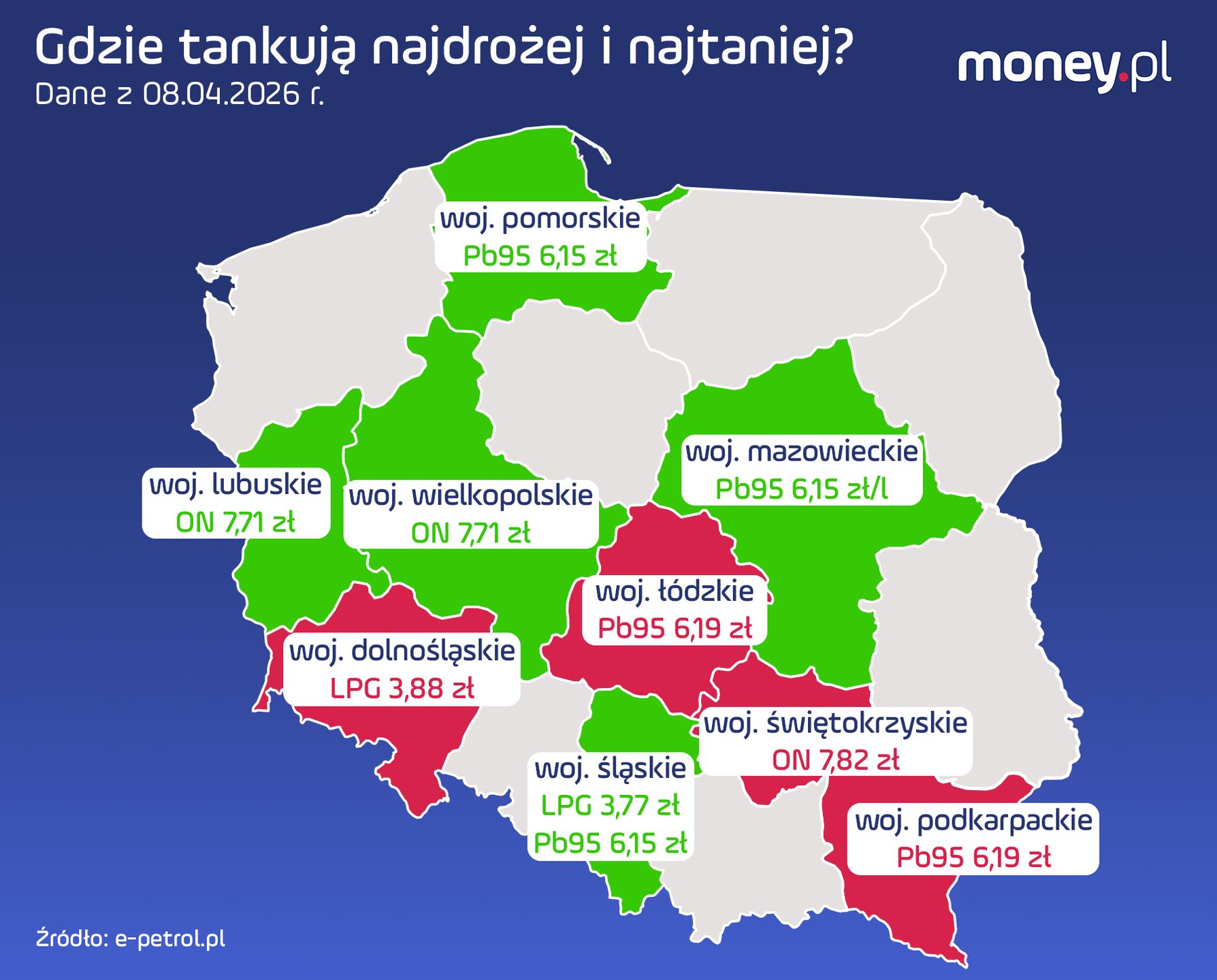 Najtańsze i najdroższe województwa. Ceny paliw. Dane z 8.04.2026