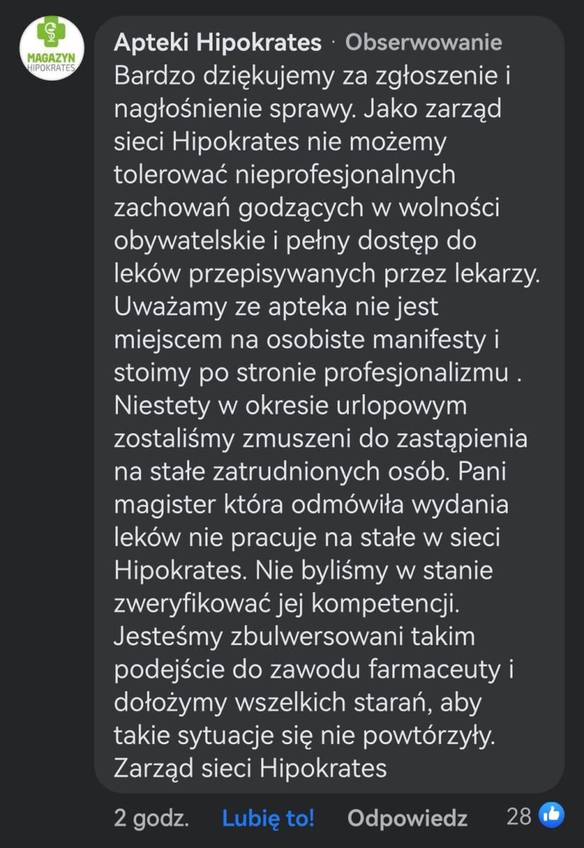 Apteka odpowiedziała na skandaliczne zachowanie farmaceutki