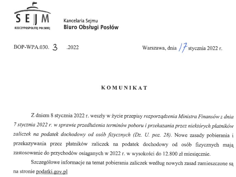 Drugie pismo z Kancelarii Sejmu ws. Polskiego Ładu