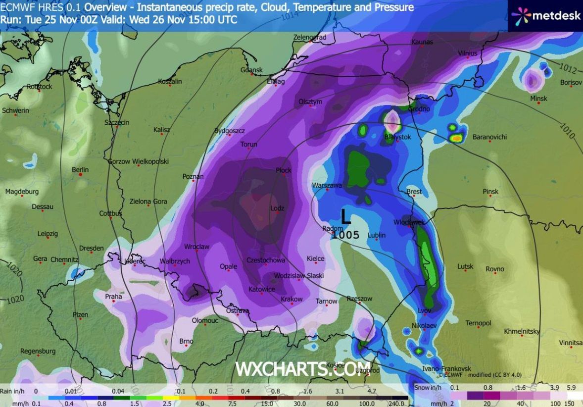 Opady śniegu w środę o godz. 15