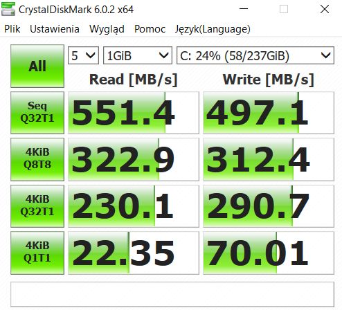 Osiągnięcia SSD w teście CrystalDiskMark.