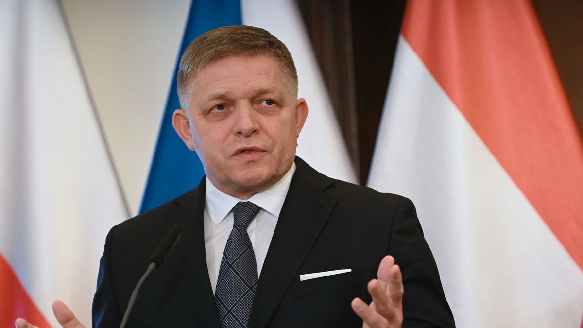 PRAGUE, CZECH REPUBLIC - 2024/02/27: Slovak prime minister, Robert Fico speaks during a joint press conference after summit of the Visegrad Group (V4) in Prague. Prime ministers of the Czech Republic, Slovakia, Poland and Hungary meet at the summit of the Visegrad Group (V4) hosted by the current Czech presidency. The main topics discussed during the summit are energy security, strategic agenda of European Union and support of Ukraine during Russian invasion. Visegrad group (V4) was established in 1991 and consists of 4 countries from Central Europe: Czech republic, Slovakia, Hungary and Poland. (Photo by Tomas Tkacik/SOPA Images/LightRocket via Getty Images)