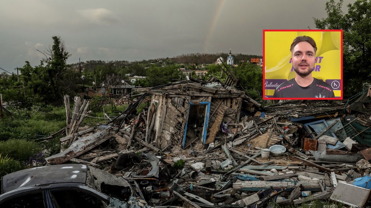 zniszczony dom na Ukrainie przez Rosję, w ramce Wiktor Orudzhew