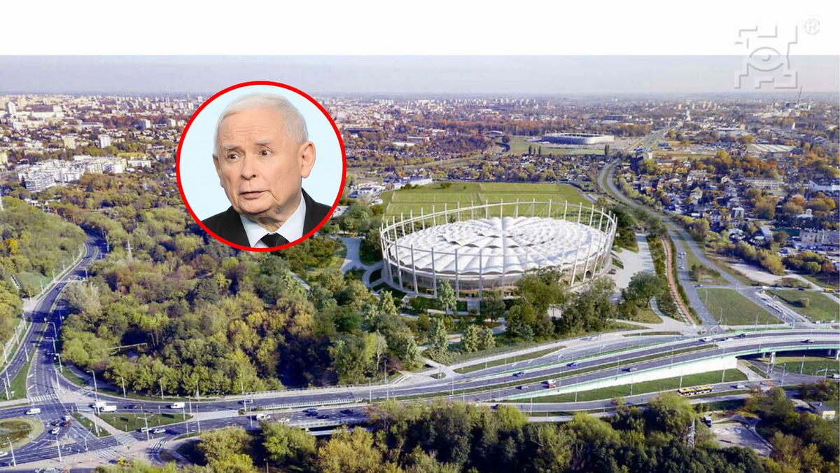 Materiały prasowe / UM Lublin / PAP / Rafał Guz / Na zdjęciu: projekt stadionu w Lublinie, w kółku Jarosław Kaczyński