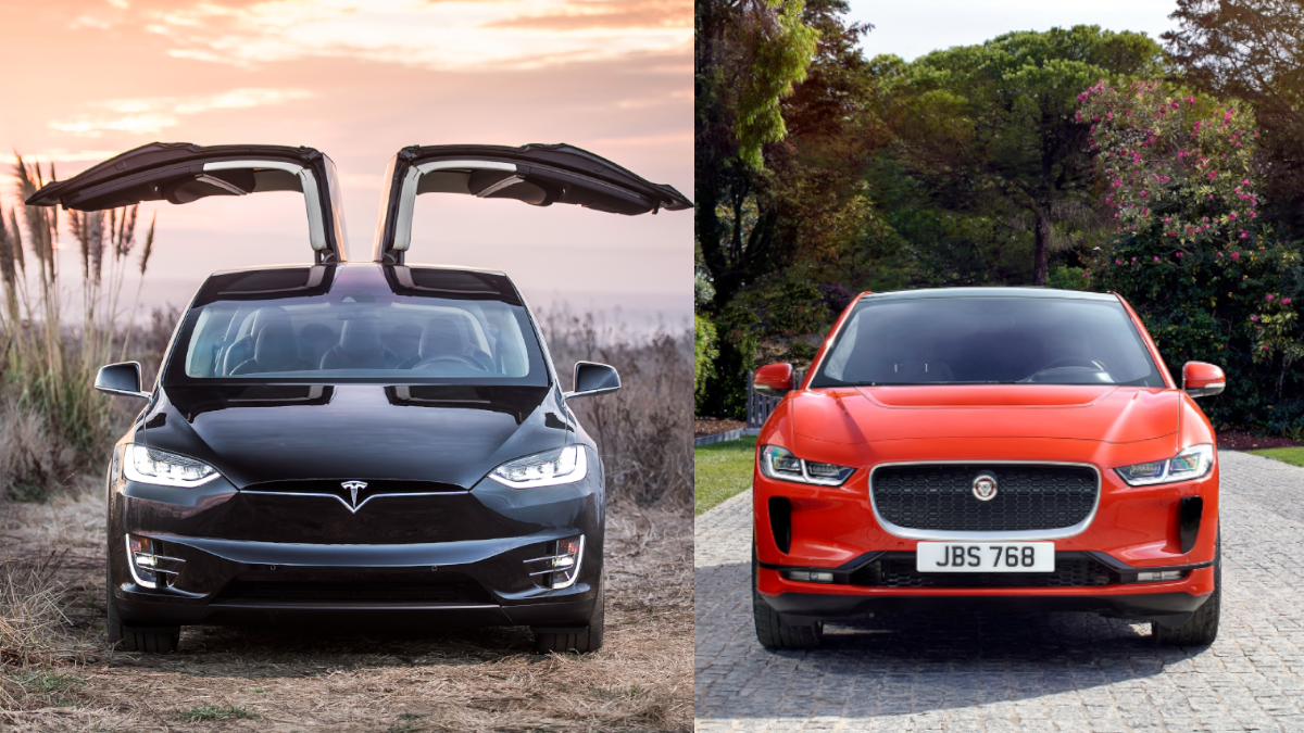 Tesla Model X ma podnoszone do góry drzwi. Jaguar I-Pace tego nie ma.