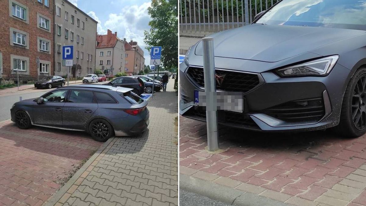 Kierowca zaparkował auto między chodnikiem i słupkiem