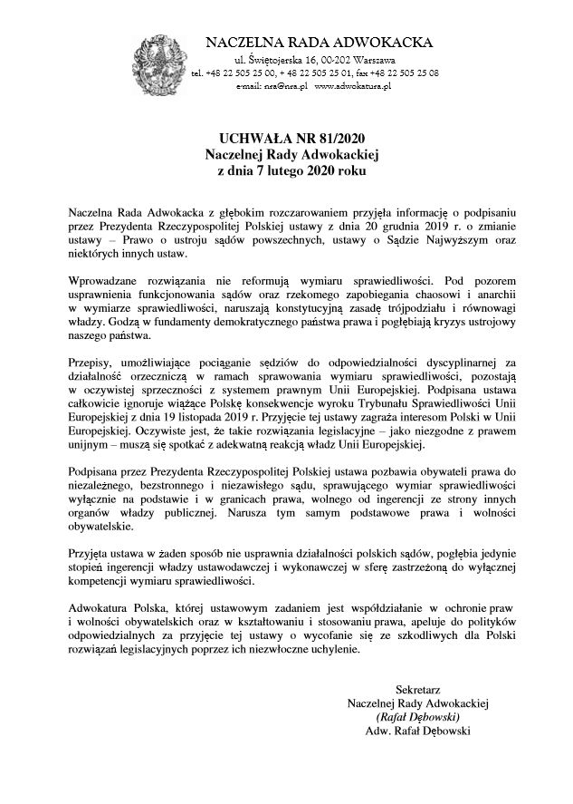 tytułu.png Naczelna Rada Adwokacka apeluje do polityków o wycofanie nowelizacji podpisanej przez prezydenta. 