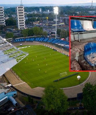 Żenujące obrazki na polskim stadionie. Na takich krzesełkach mieli usiąść kibice