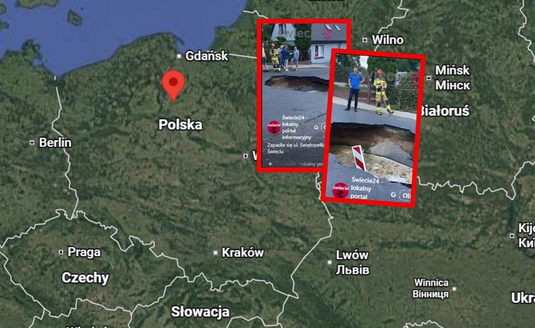 Ogromna dziura w jezdni w Świeciu. W środku zebrała się woda