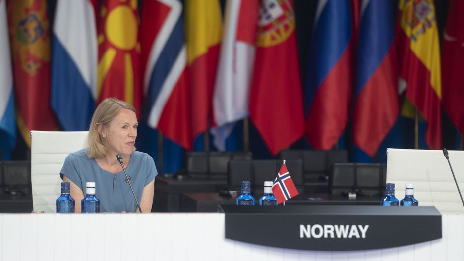 MADRID, SPAIN - JUNE 29: Norwegian Foreign Minister Anniken Huitfeldt participates in a roundtable discussion of foreign and defense ministers of NATO allied countries at the NATO 2022 Summit at the IFEMA Trade Fair Center MADRID, June 29, 2022, in Madrid, Spain. The NATO 2022 Summit officially begins today and will conclude tomorrow, June 30. The celebration coincides with the 40th anniversary of Spain's accession to the North Atlantic Treaty Organization. The Russian invasion of Ukraine, the tensions between Moscow and the Alliance and the accession of Finland and Sweden mark the agenda of an event in which delegations from 40 countries participate and that turns Madrid into the epicenter of world politics during its celebration. (Photo By EUROPA PRESS/A.Ortega.POOL via Getty Images)