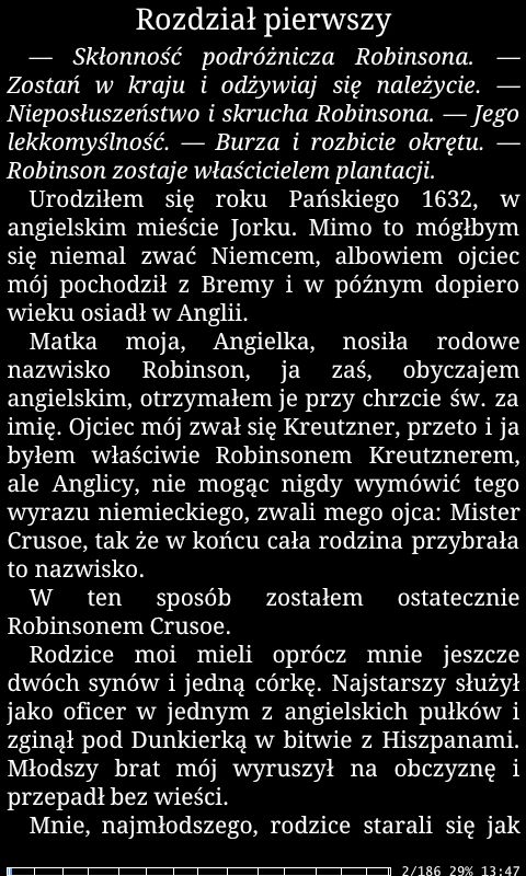 Zrzut ekranu z aplikacji FBReader z włączonym trybem nocnym
