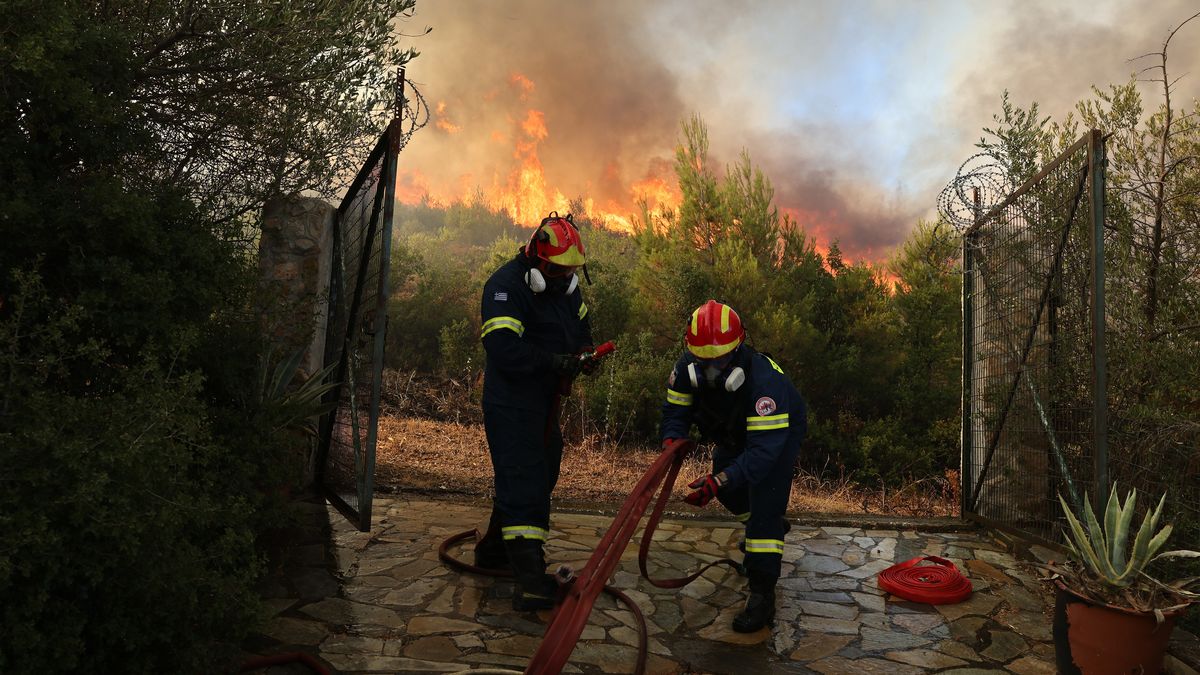 STAMATA, GREECE - JUNE 30: Firefighters try to extinguish a wildfire in Stamata region near Athens, Greece on June 30, 2024. (Photo by Costas Baltas/Anadolu via Getty Images)