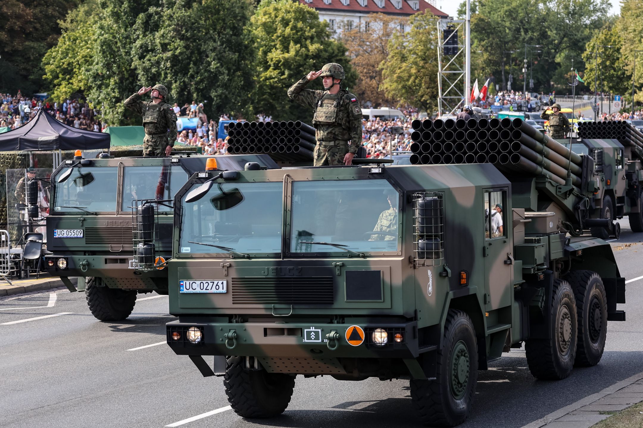 WARSAW, MAZOWIECKIE, POLAND - 2024/08/15: Polish servicemen present WR-40 Langusta rocket launchers at Wislostrada in the centre of Warsaw, the capital Poland during a military parade on Polish Army Day. The parade was to celebrate Poland's Armed Forces Day, and its 25th year as a member of NATO. Allied troops stationed in the country also took part in the parade which featured over 200 military units of the Polish army. President of Poland Andrzej Duda, Prime Minister Donald Tusk and many other Polish politicians watched the parade. (Photo by Dominika Zarzycka/SOPA Images/LightRocket via Getty Images)