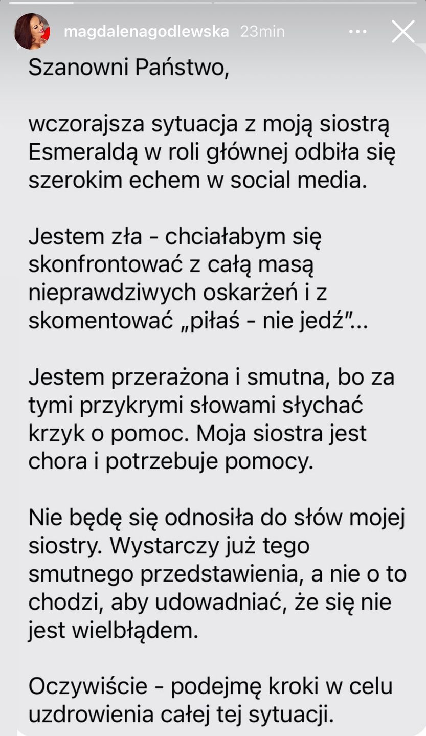 Magdalena Godlewska - oświadczenie w sprawie Esmeraldy