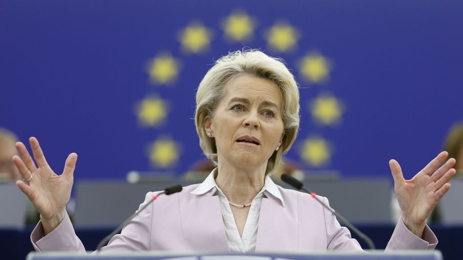 arch51European Commission President Ursula von der Leyen delivers a speech during a debate on the conclusions of the European Council meeting of May 30-31 2022, Wednesday, June 8, 2022 in Strasbourg, eastern France. (AP Photo/Jean-Francois Badias)AP