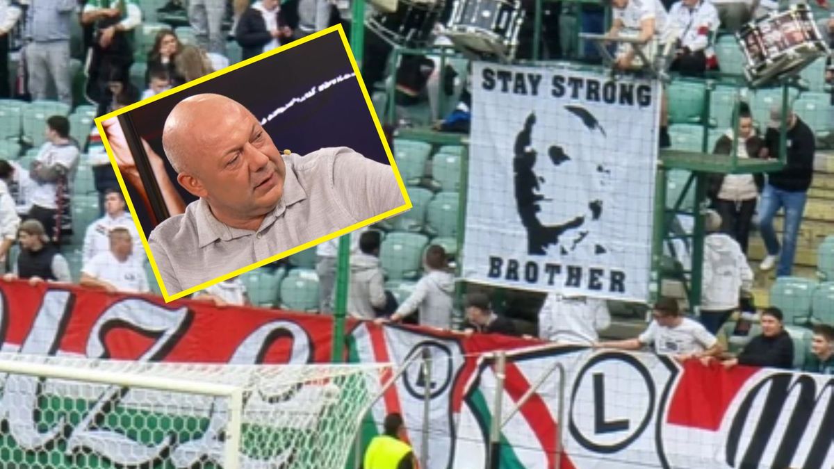 Twitter / x.com/PolscyKibicePL /youtube/Kanał Zero / Na zdjęciu: baner na stadionie Legii/ w ramce: Wojciech Kowalczyk