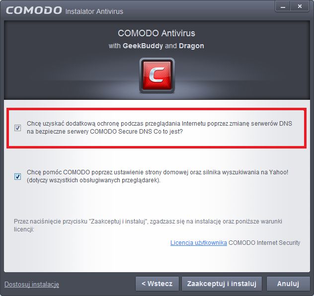 Comodo Secure DNS domyślnie zaznaczone podczas instalacji