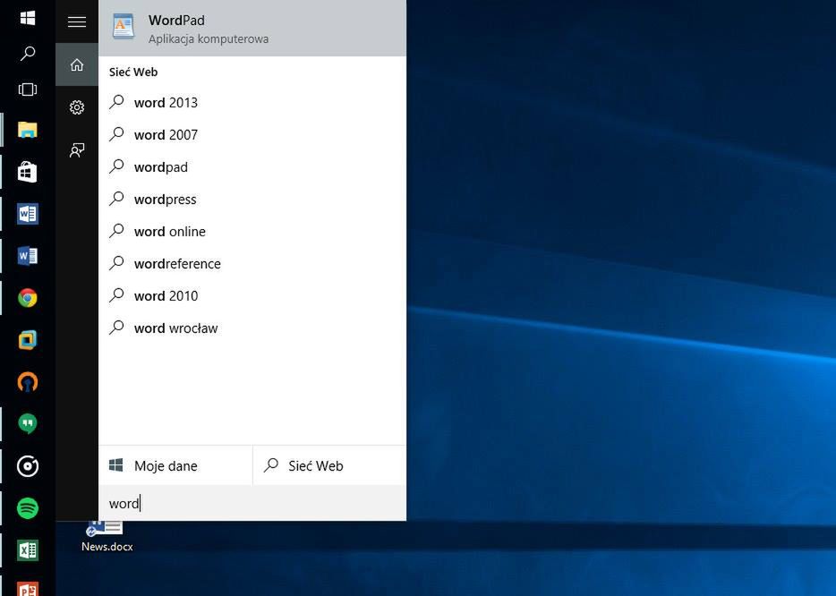 Brak w wynikach Worda 2016, którego ikonę widać na pasku