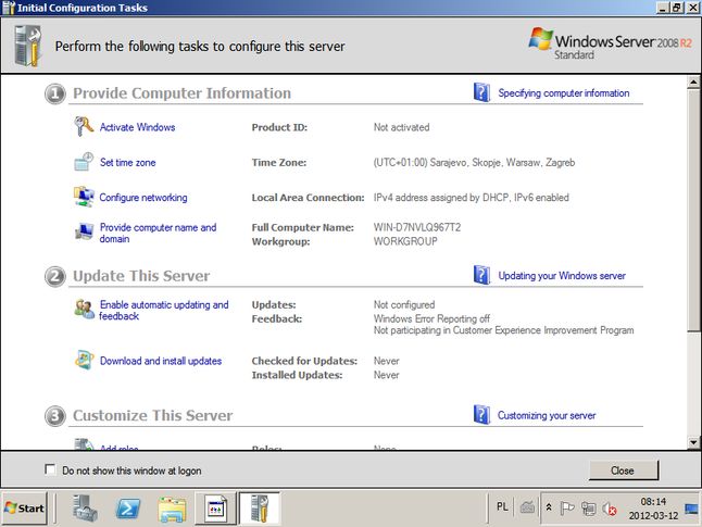 Windows Server 2008 pierwsze uruchomienie