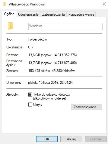 Windows 10 na dysku przed użyciem Compact OS: 13,7 GB