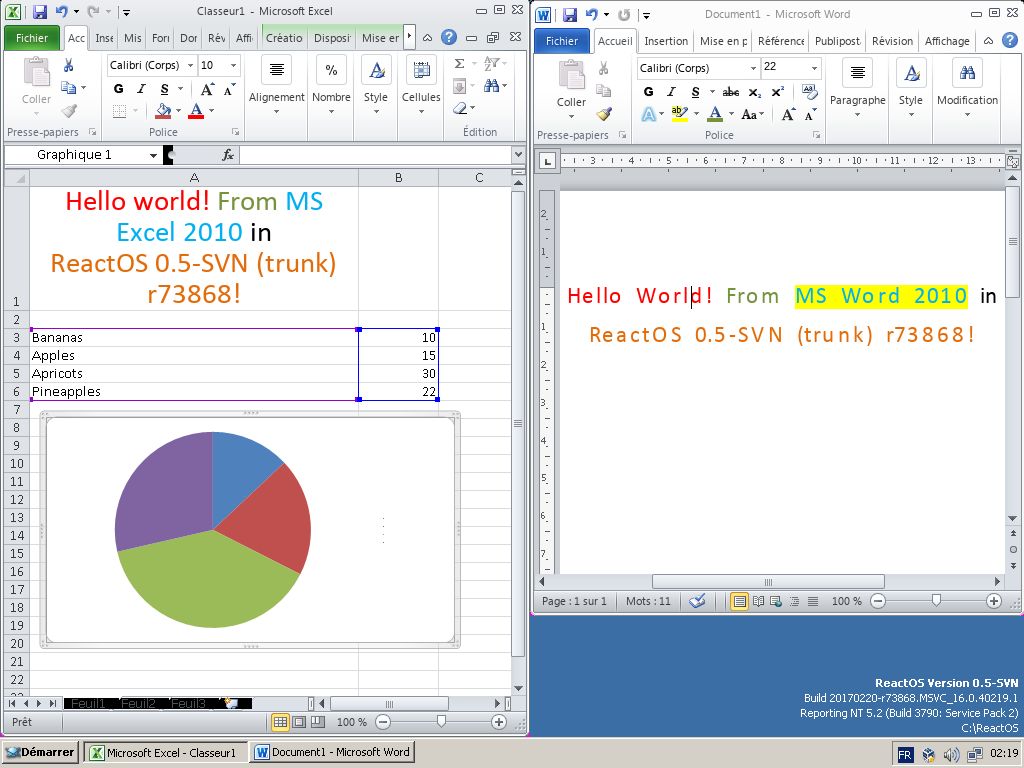 Excel i Word z Office'a 2010 na ReactOS-ie